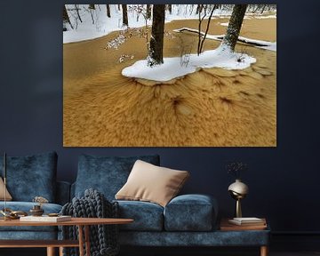 Twee bomen met besneeuwde voeten in het ijs met bijzonder patroon van Anneke Hooijer