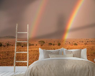 Dubbele regenboog in de Masai Mara steppe van Fotos by Jan Wehnert