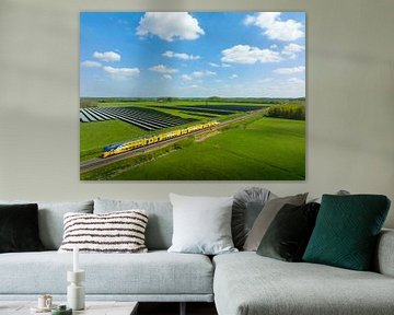 Train of the Dutch Railways driving past a field of solar panels by Sjoerd van der Wal
