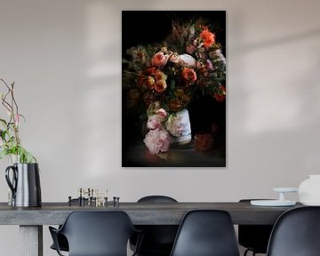 Dynamisches Blumenstillleben mit schwarzem Hintergrund, im Stil von De Heem von MadameRuiz
