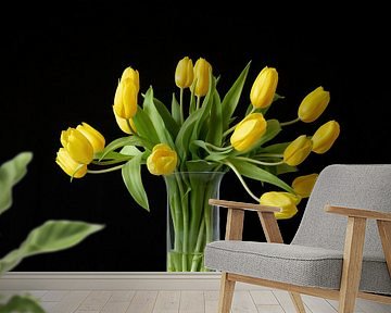 Yellow tulips in crystal vase. by Janny Beimers