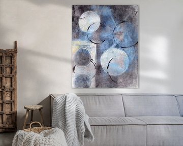 Abstract modern geometric art in blue, yellow and grey by Dina Dankers
