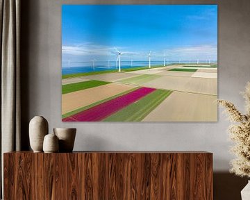 Tulips in agricultural fields with wind turbines in the backgrou by Sjoerd van der Wal