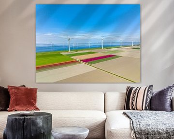 Tulips in agricultural fields with wind turbines in the backgrou by Sjoerd van der Wal