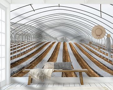 Rahmen eines Gewächshauses und Felder mit wachsendem Gemüse von Werner Lerooy