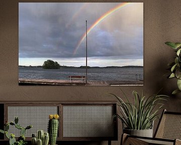 Un double arc-en-ciel au-dessus d'un lac avant un orage