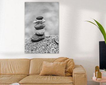 Stacked stones on the coast of Denmark | black and white photo by Karijn | Fine art Natuur en Reis Fotografie