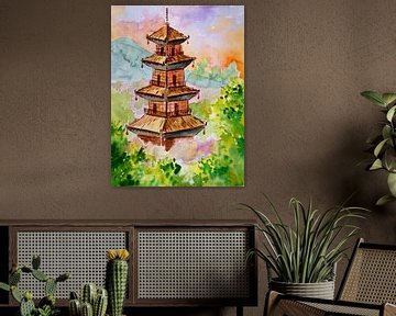 Japanse pagode in het herfstbos van Sebastian Grafmann
