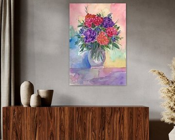 Red and purple roses in vase by Sebastian Grafmann