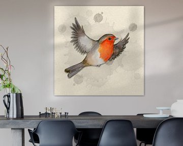 A watercolor drawing of a flying robin by Bianca Wisseloo