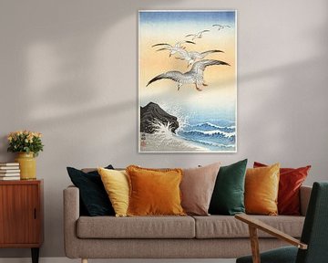 Five seagulls above turbulent sea (1900 - 1930) by Ohara Koson