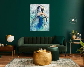 Abstract dinamisch kunstwerk vrouw met blauwe jurk van Emiel de Lange