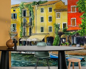 Lazise vissershaven | Gardameer Italie | Aquarel schilderij van WatercolorWall