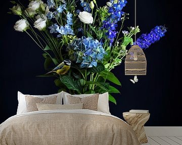 Flower still life "Dutch blue with bird" by By Marjolein Design