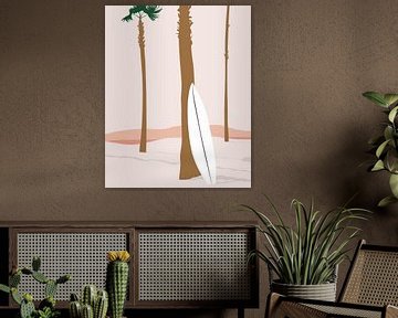 Beach with palm trees and surfboard by Studio Miloa