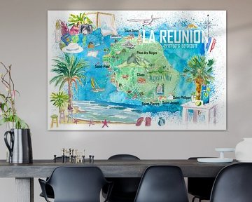 La Reunion Illustrierte Inselreisekarte mit touristischen Highlights von Markus Bleichner