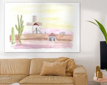 Lanzarote Canary Island landscape with windmill and cacti