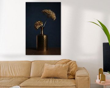 Still life of a golden vase and golden flowers by Joey Hohage