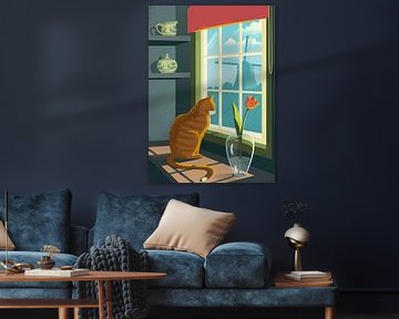 Rot gestreifte Katze schaut aus dem Fenster von Eduard Broekhuijsen