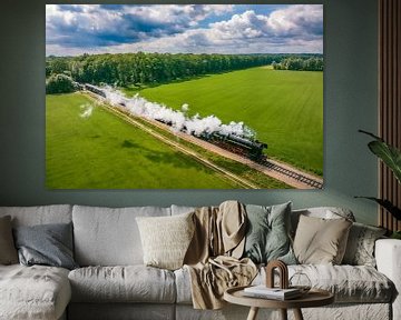 Stoomtrein met rook van de locomotief rijdt door het landschap van Sjoerd van der Wal