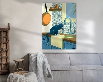 Zwarte Kat in Keuken met Azulejo Tegels van Eduard Broekhuijsen