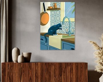 Black Cat in Kitchen with Azulejo Tiles by Eduard Broekhuijsen