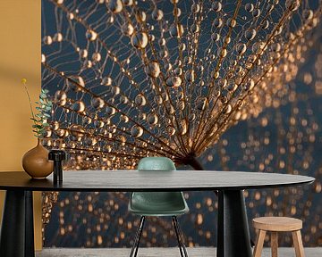 Droplets hanging from fluff of a fluff ball by Marjolijn van den Berg