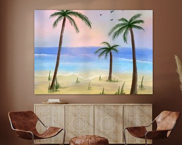 Summer coconut tree beach - Gouache van Gisela- Art for You