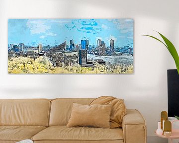 Drawn panorama of the Rotterdam skyline by Arjen Roos