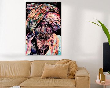 Kleurrijk portret van een religieuze man uit India met hoofddoek van The Art Kroep