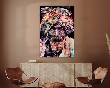 Kleurrijk portret van een religieuze man uit India met hoofddoek van The Art Kroep