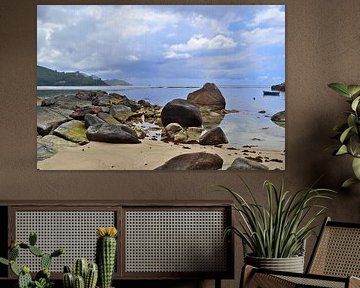 A beach with rocks in the Seychelles