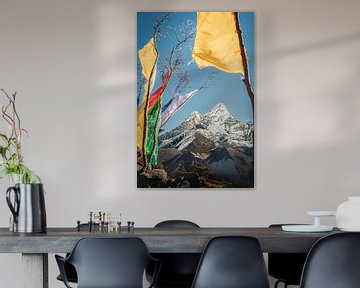 Tibetan flags in the Himalayas overlooking Mount Ama Dablam by Thea.Photo