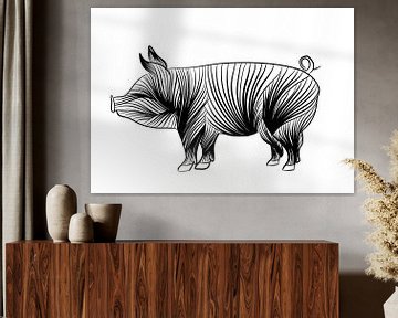 Poster varken - zwart wit - lijnillustratie - kinderkamer - boerderij van Studio Tosca