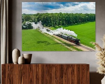 Steam train with smoke from the locomotive driving through the country by Sjoerd van der Wal