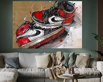 Nike air Jordan 1 bred toe schilderij van Jos Hoppenbrouwers