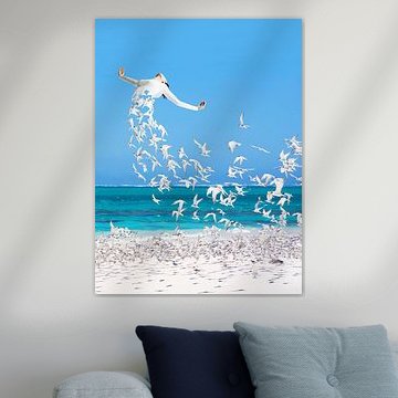 Surrealistische digitale kunst van vogels op het strand die een vrouw vormen