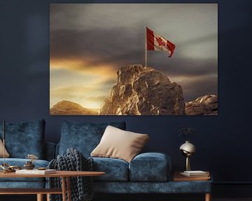 Zwaaien met Canadese vlag op bergtop van Besa Art
