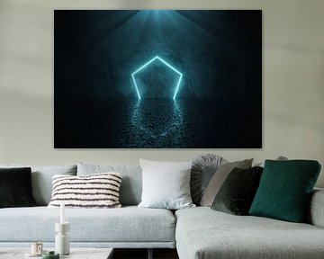 Helder neon hexagon frame staat over grunge vloer van Besa Art