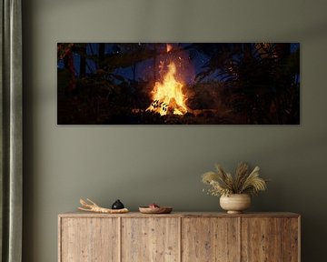 Campfire in tropical forest at night by Besa Art